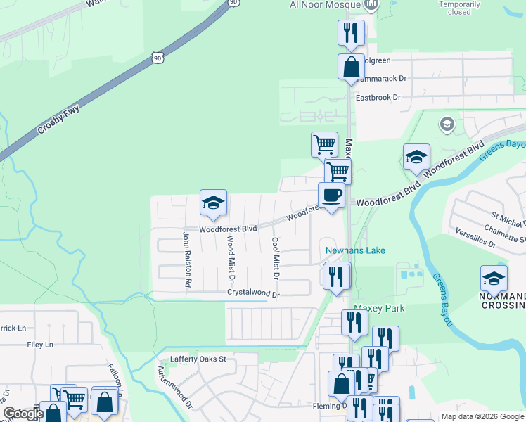 map of restaurants, bars, coffee shops, grocery stores, and more near 523 Coolwood Drive in Houston