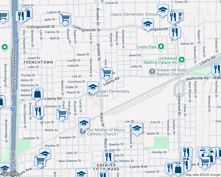 map of restaurants, bars, coffee shops, grocery stores, and more near 2507 Kirk Street in Houston