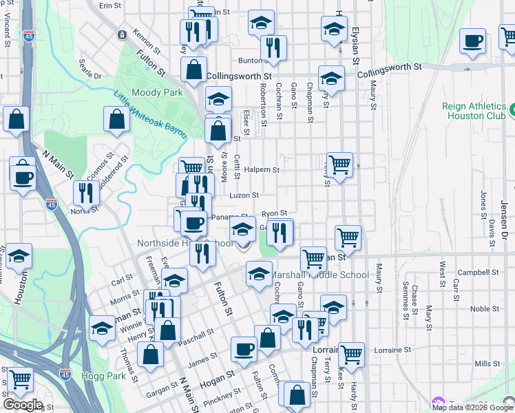 map of restaurants, bars, coffee shops, grocery stores, and more near 1148 Panama Street in Houston