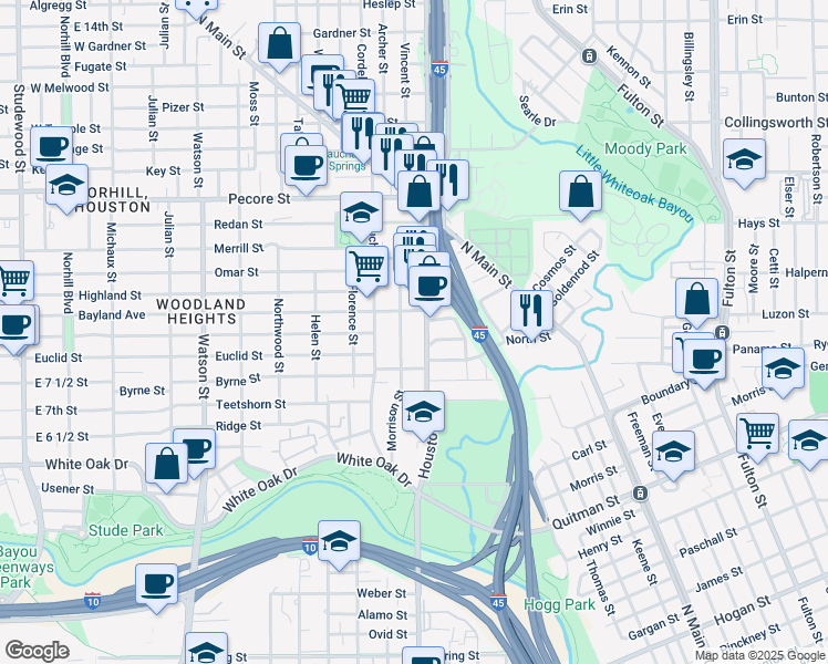 map of restaurants, bars, coffee shops, grocery stores, and more near 3004 Morrison Street in Houston