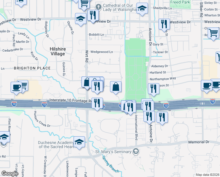 map of restaurants, bars, coffee shops, grocery stores, and more near 8020 Katy Freeway in Houston