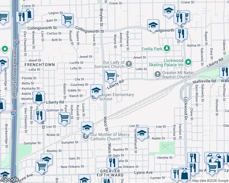 map of restaurants, bars, coffee shops, grocery stores, and more near 2507 Kirk Street in Houston