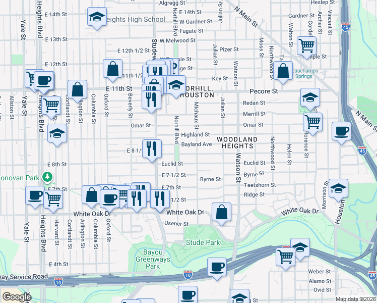 map of restaurants, bars, coffee shops, grocery stores, and more near 1013 Woodland Street in Houston