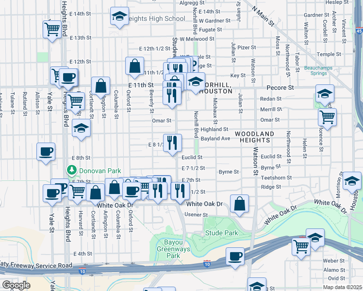 map of restaurants, bars, coffee shops, grocery stores, and more near 803 Studewood Street in Houston