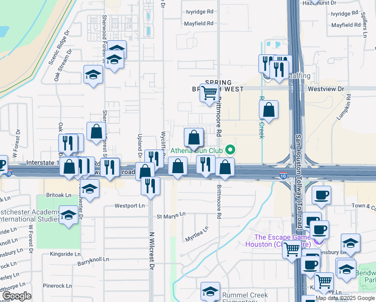 map of restaurants, bars, coffee shops, grocery stores, and more near 10940 Interstate 10 Frontage Road in Houston