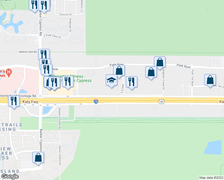 map of restaurants, bars, coffee shops, grocery stores, and more near 17000 Katy Freeway in Houston