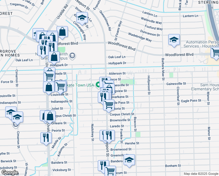 map of restaurants, bars, coffee shops, grocery stores, and more near 627 Freeport Street in Houston