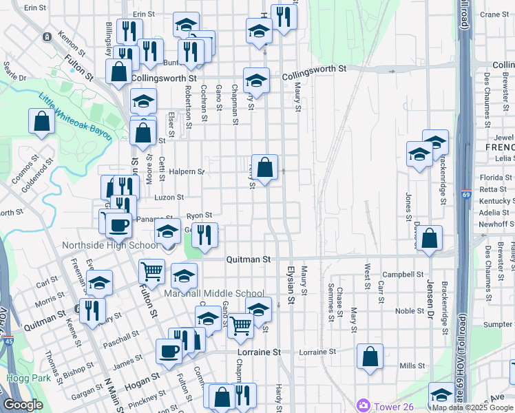 map of restaurants, bars, coffee shops, grocery stores, and more near 2702 Hardy Street in Houston