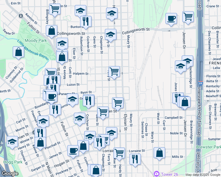 map of restaurants, bars, coffee shops, grocery stores, and more near 2604 Chapman Street in Houston