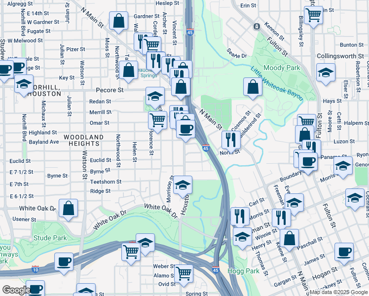 map of restaurants, bars, coffee shops, grocery stores, and more near 107 North Street in Houston