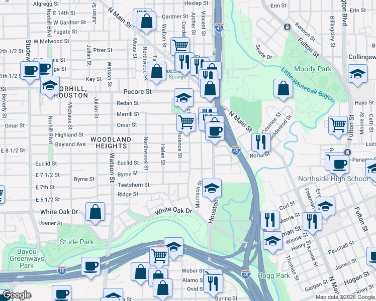 map of restaurants, bars, coffee shops, grocery stores, and more near 3001 Beauchamp Street in Houston