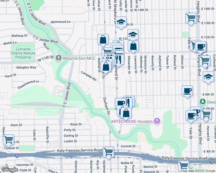 map of restaurants, bars, coffee shops, grocery stores, and more near 767 North Shepherd Drive in Houston