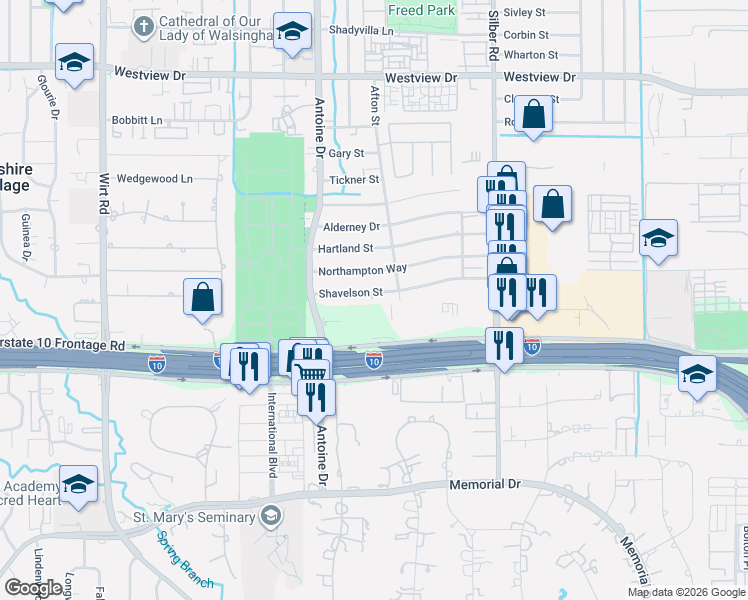map of restaurants, bars, coffee shops, grocery stores, and more near 7119 Shavelson Street in Houston