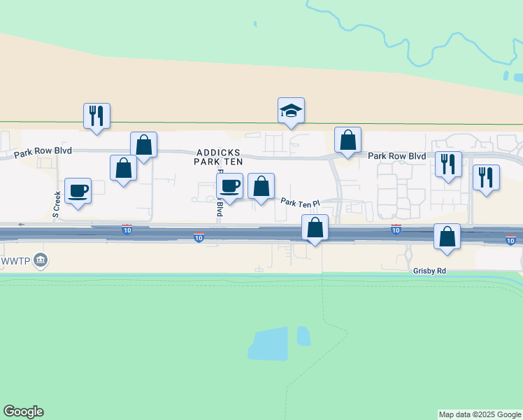 map of restaurants, bars, coffee shops, grocery stores, and more near 16225 Park Ten Place in Houston