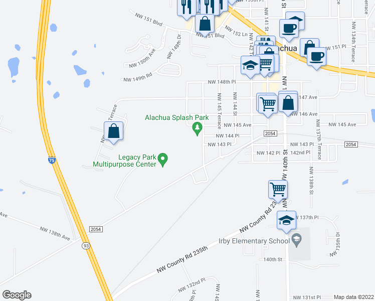 map of restaurants, bars, coffee shops, grocery stores, and more near 14300 Northwest 146 Terrace in Alachua