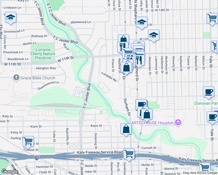 map of restaurants, bars, coffee shops, grocery stores, and more near 712 Worthshire Street in Houston