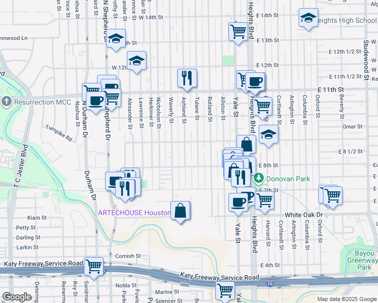 map of restaurants, bars, coffee shops, grocery stores, and more near 830 Ashland Street in Houston