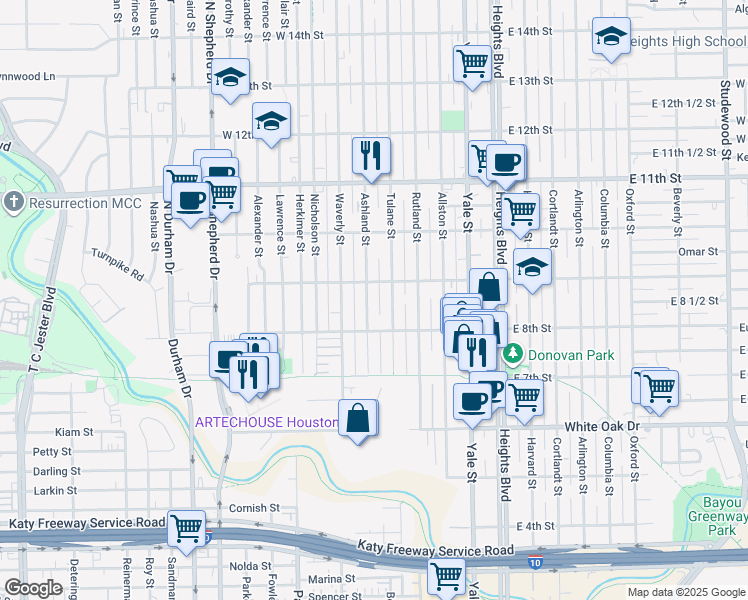 map of restaurants, bars, coffee shops, grocery stores, and more near 830 Ashland Street in Houston