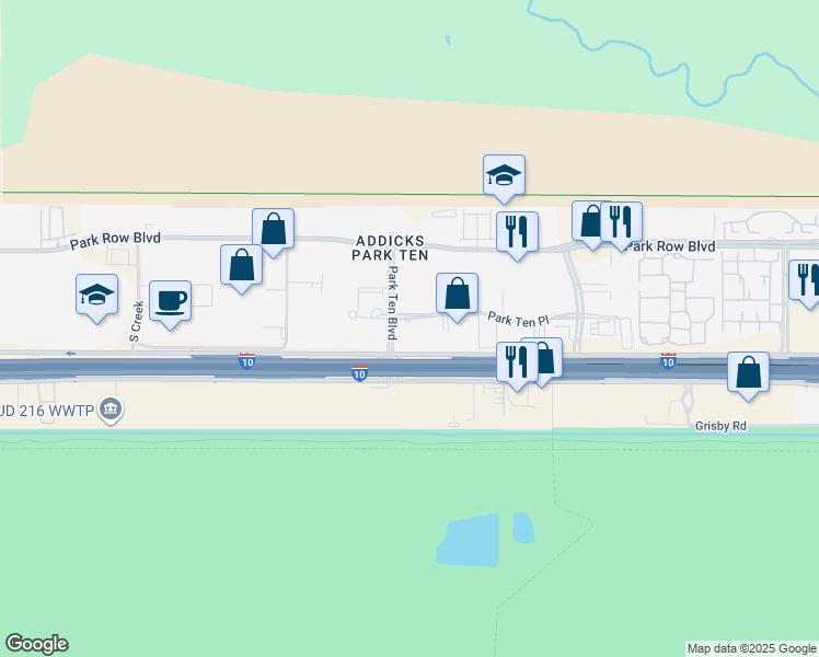 map of restaurants, bars, coffee shops, grocery stores, and more near 16290 Katy Freeway in Houston