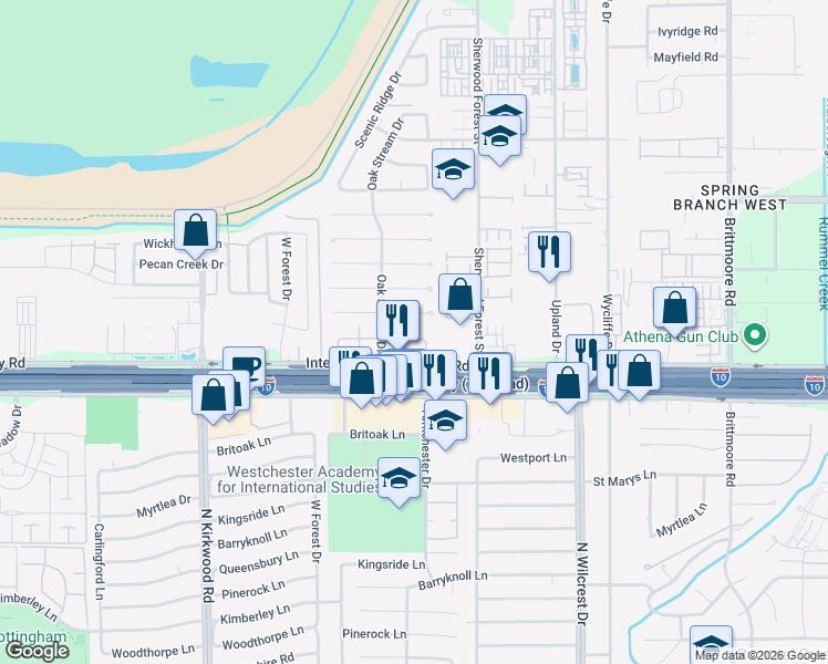 map of restaurants, bars, coffee shops, grocery stores, and more near 11206 Ash Creek Drive in Houston