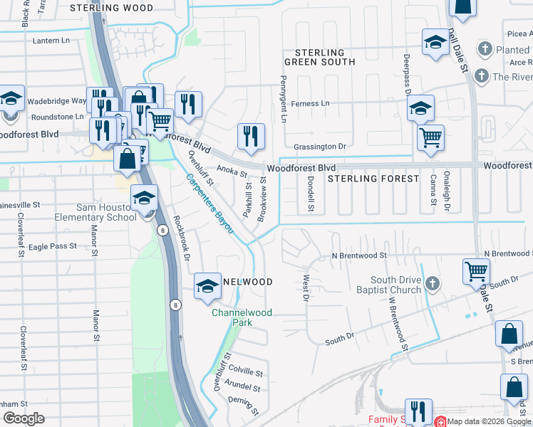 map of restaurants, bars, coffee shops, grocery stores, and more near 802 Brookview Street in Channelview