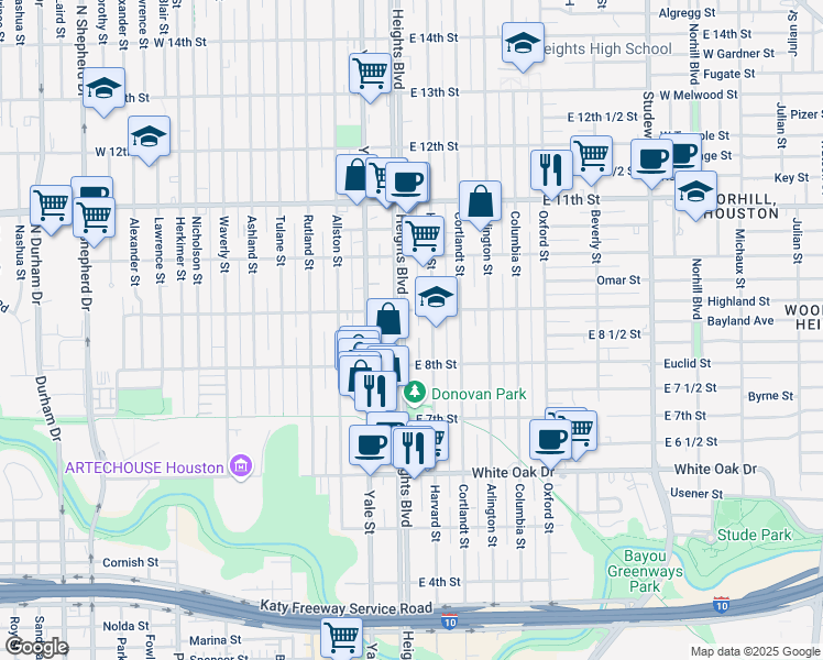 map of restaurants, bars, coffee shops, grocery stores, and more near 101 East 9th Street in Houston