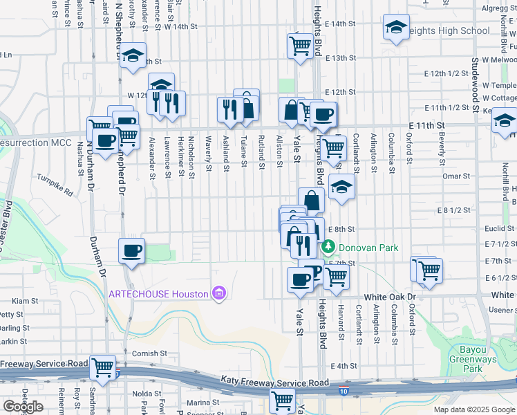 map of restaurants, bars, coffee shops, grocery stores, and more near 835 Rutland Street in Houston
