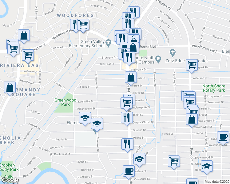 map of restaurants, bars, coffee shops, grocery stores, and more near 13351 Halifax Street in Houston