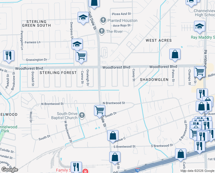 map of restaurants, bars, coffee shops, grocery stores, and more near 746 Kilpatrick Street in Channelview