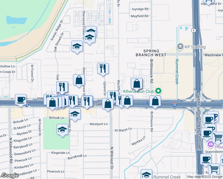 map of restaurants, bars, coffee shops, grocery stores, and more near 11070 Katy Freeway in Houston