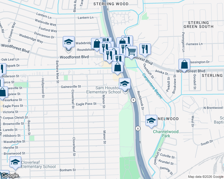 map of restaurants, bars, coffee shops, grocery stores, and more near 14641 Gainesville Street in Houston