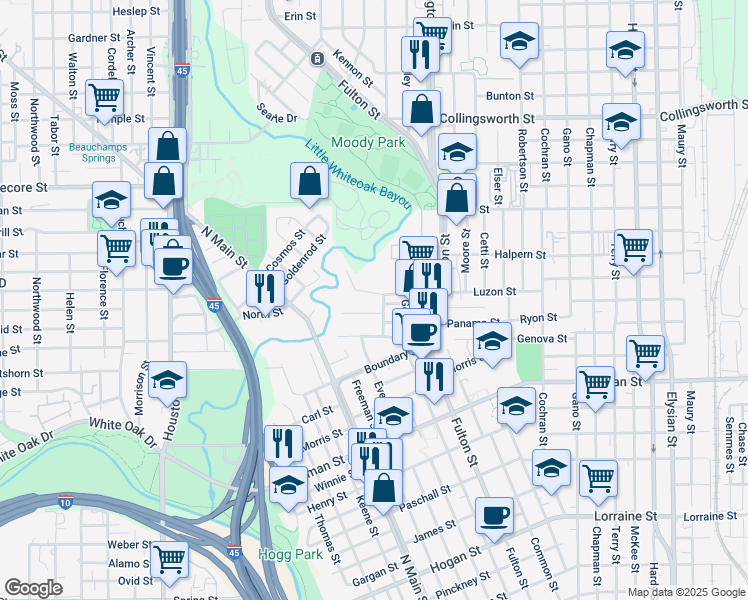 map of restaurants, bars, coffee shops, grocery stores, and more near 717 Booth Street in Houston