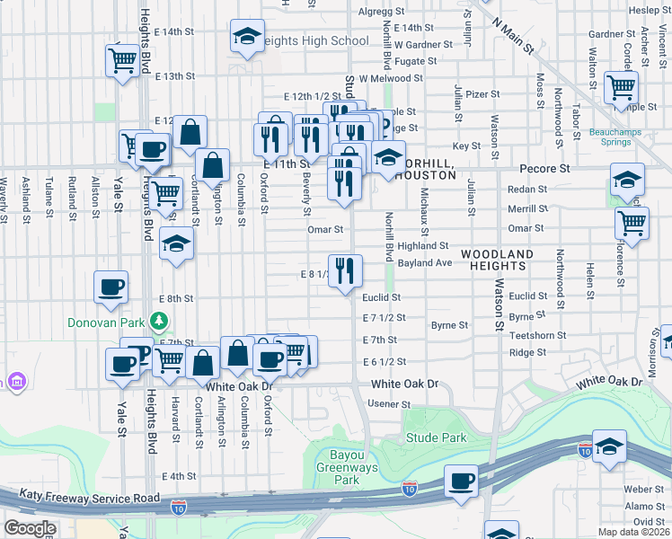 map of restaurants, bars, coffee shops, grocery stores, and more near 833 Studewood Street in Houston
