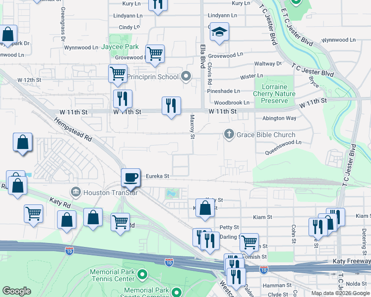 map of restaurants, bars, coffee shops, grocery stores, and more near 3267 Maxroy Street in Houston
