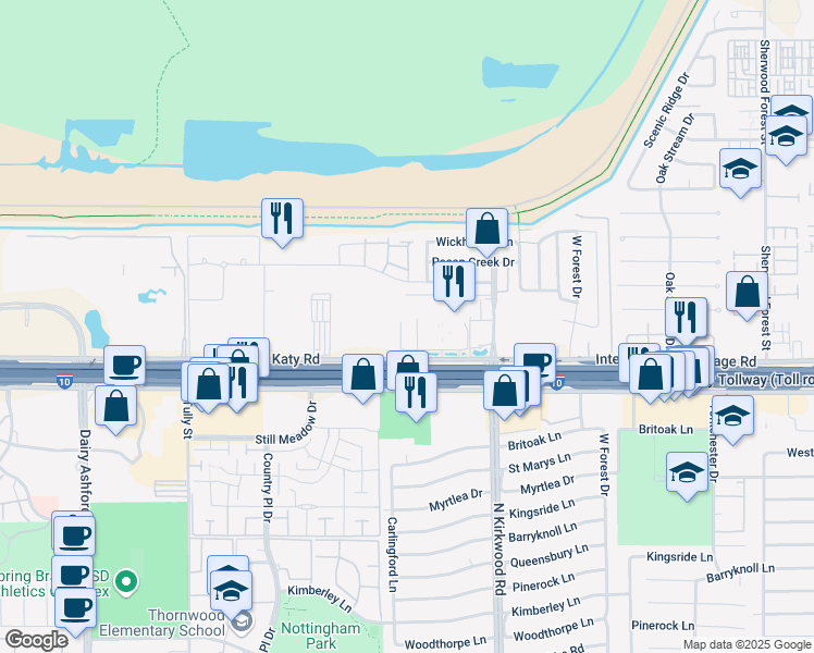 map of restaurants, bars, coffee shops, grocery stores, and more near 11750 Katy Freeway in Houston