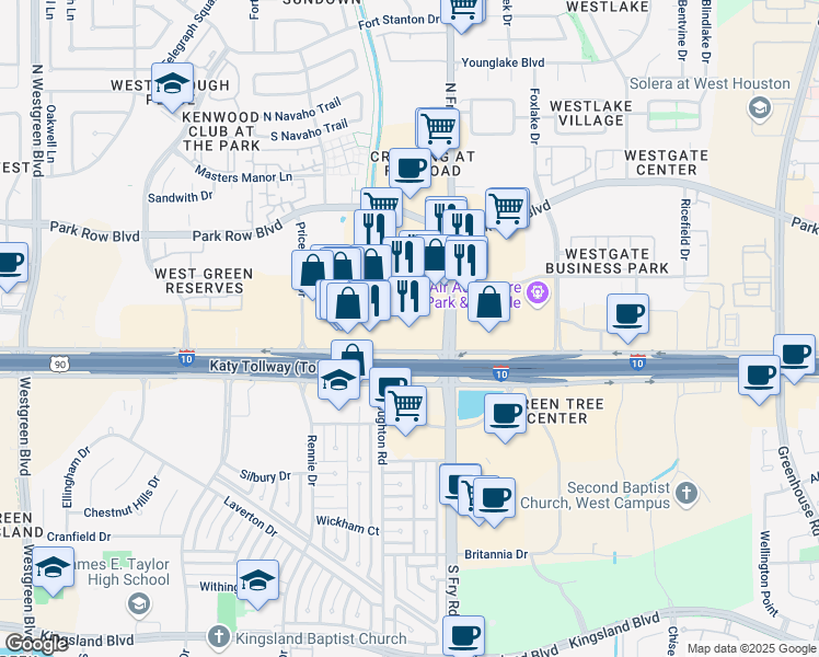 map of restaurants, bars, coffee shops, grocery stores, and more near in Katy