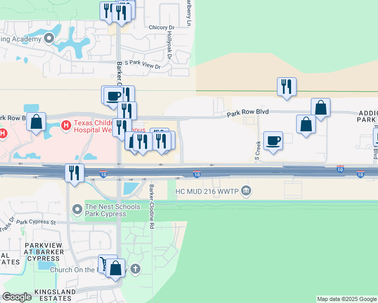 map of restaurants, bars, coffee shops, grocery stores, and more near 17320 Katy Freeway in Houston