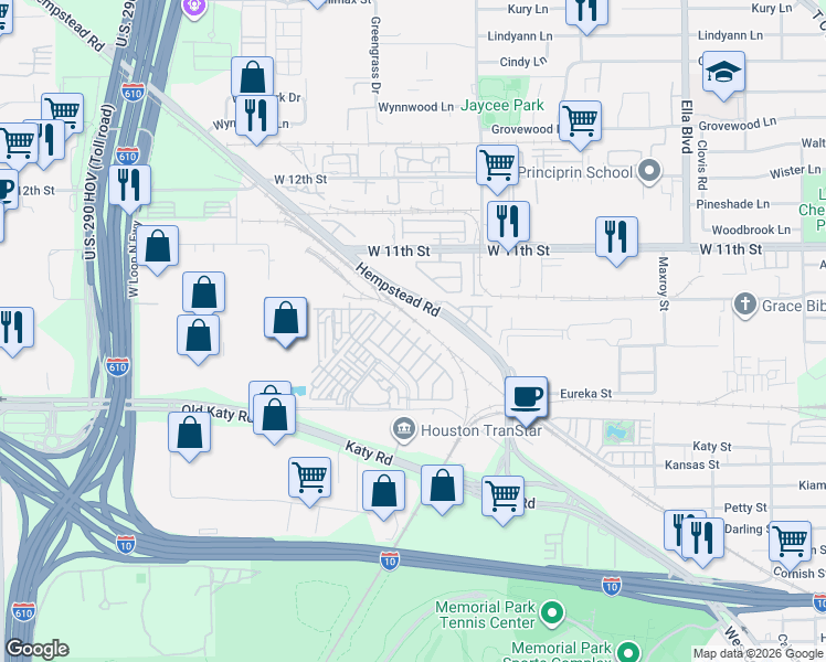 map of restaurants, bars, coffee shops, grocery stores, and more near 8413 Hempstead Road in Houston