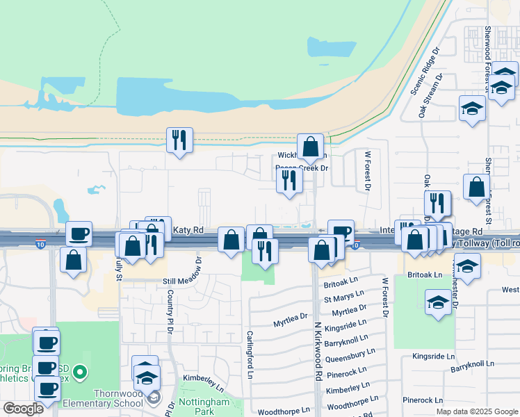 map of restaurants, bars, coffee shops, grocery stores, and more near 11750 Katy Freeway in Houston
