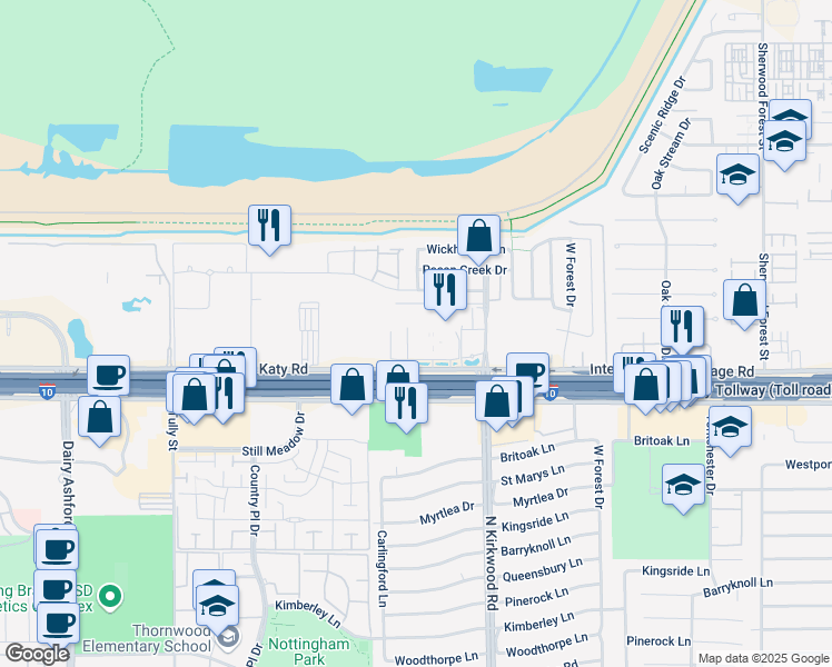 map of restaurants, bars, coffee shops, grocery stores, and more near 11740 Katy Freeway in Houston