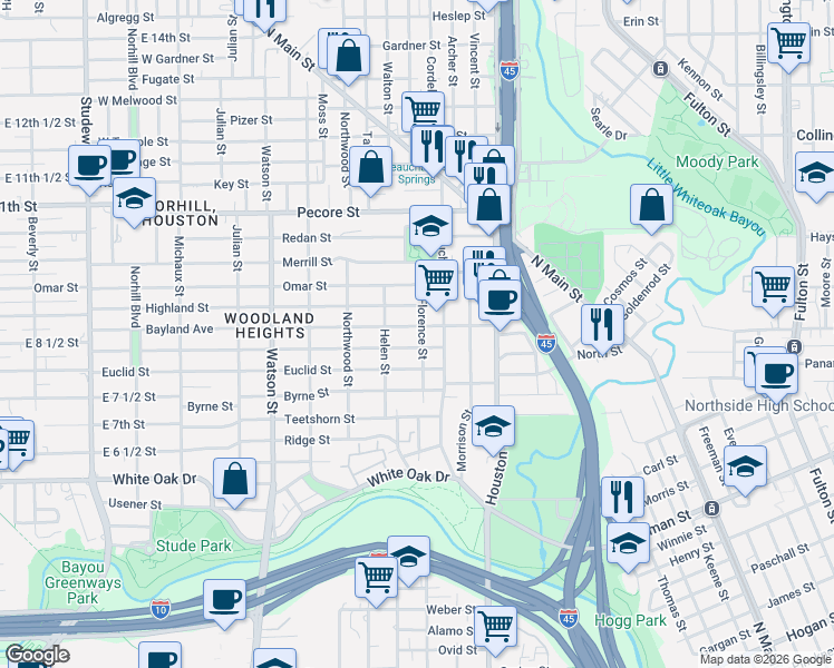 map of restaurants, bars, coffee shops, grocery stores, and more near 307 Bayland Avenue in Houston