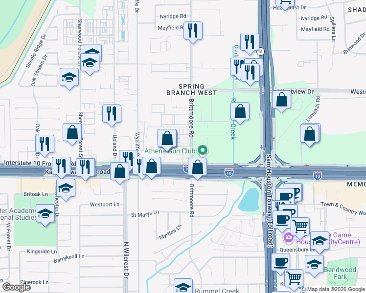 map of restaurants, bars, coffee shops, grocery stores, and more near 10902 Katy Freeway in Houston
