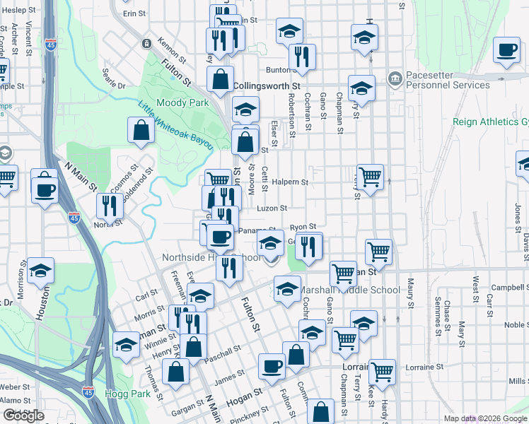 map of restaurants, bars, coffee shops, grocery stores, and more near 1134 Luzon Street in Houston