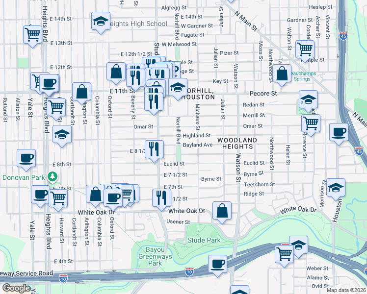 map of restaurants, bars, coffee shops, grocery stores, and more near 3110 Norhill Boulevard in Houston