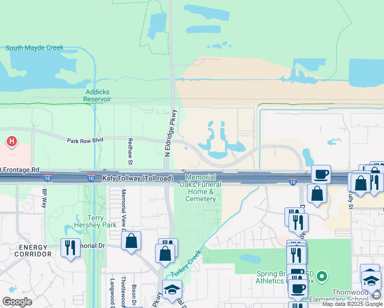 map of restaurants, bars, coffee shops, grocery stores, and more near 575 North Dairy Ashford Road in Houston