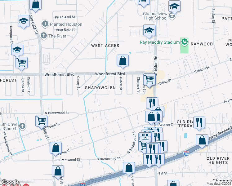map of restaurants, bars, coffee shops, grocery stores, and more near 710 Norell Street in Channelview