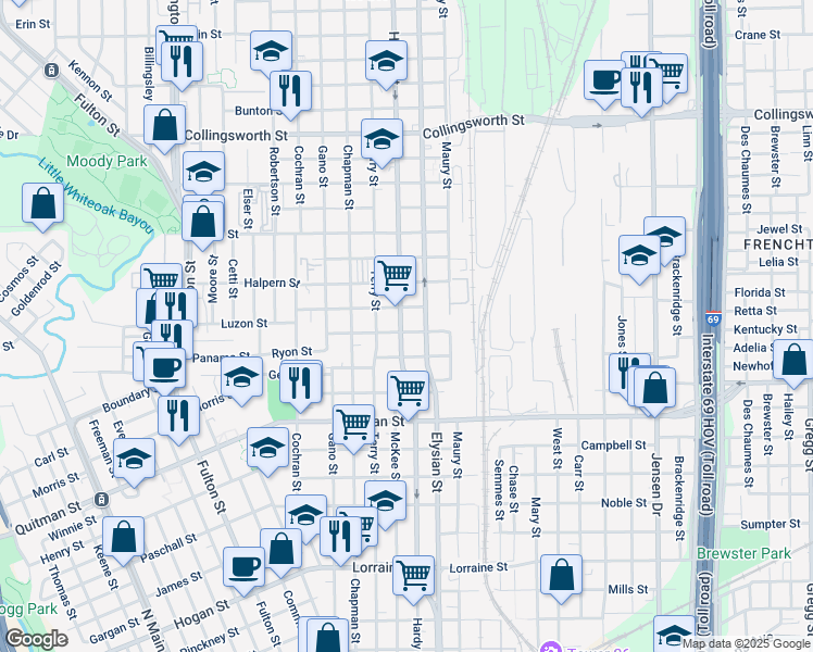 map of restaurants, bars, coffee shops, grocery stores, and more near 2812 Hardy Street in Houston