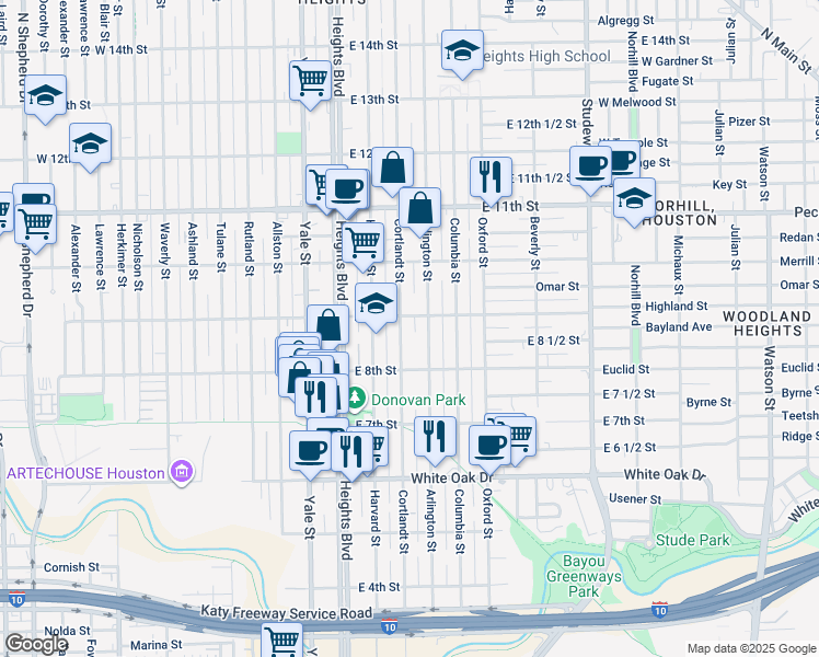 map of restaurants, bars, coffee shops, grocery stores, and more near 847 Cortlandt Street in Houston