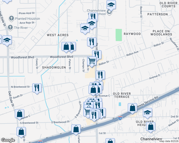 map of restaurants, bars, coffee shops, grocery stores, and more near 785 Sheldon Road in Channelview