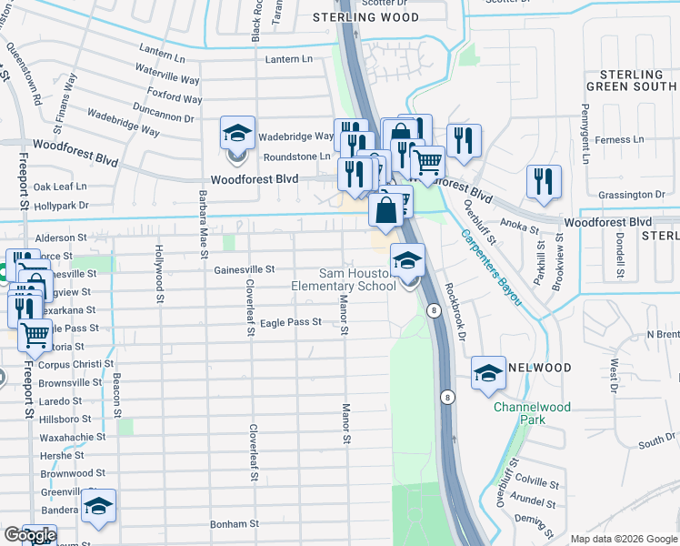 map of restaurants, bars, coffee shops, grocery stores, and more near 14607 Gainesville Street in Houston